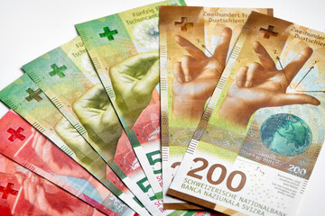 9th (current) series of Swiss banknotes. Close-Up of Swiss Banknote Collection: CHF Currency...