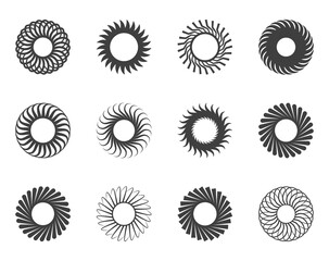 Spiral and swirl motion twisting circles design element set.