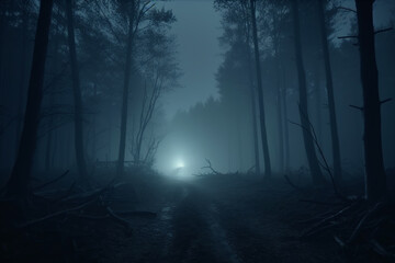 Obraz premium foggy and dark woods at night, mystery forest. Magical saturated foggy forest trees landscape. Generative AI
