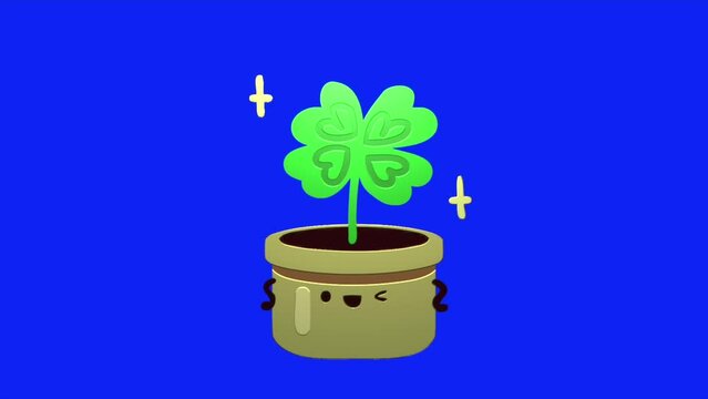 Animation loop video cartoon flower pot with leaves growing on blue screen background ,remove blue screen background on your video editing software