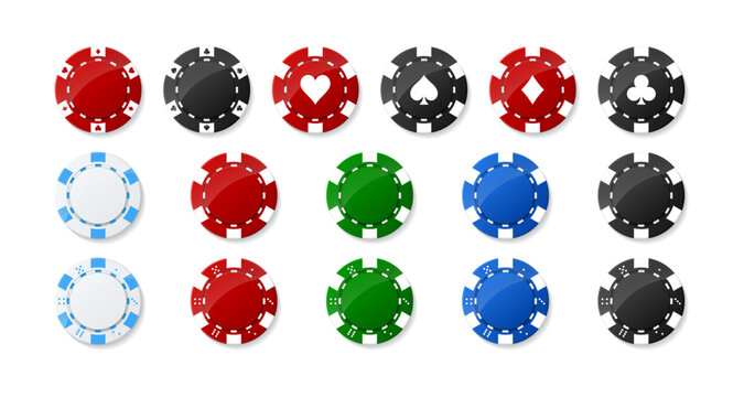 Set of colorful casino poker chips. Collection of white, red, green, blue, black tokens. Gambling game. Raise money. Try luck. Play roulette. Isolated on white background. Vector illustration