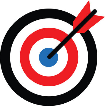 recommend clip art: black and red Target icon. Dartboard with arrow. Marketing strategy sign. Goal achievement symbol. Target Icon in trendy flat style isolated on transparent background.