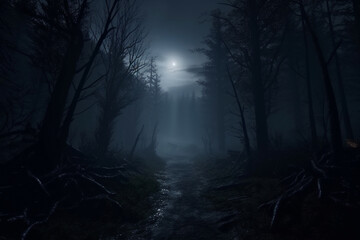 foggy and dark woods at night, mystery forest. Magical saturated foggy forest trees landscape. Generative AI