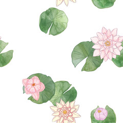 Water flowers and lily leaves viewed from above. Seamless pattern for printing on fabric, wrapping and packaging paper, and other products. Color illustration of beautiful flowers on the water. High