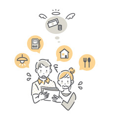 いろいろな値上げに苦しむ若い夫婦　シンプルでお洒落な線画イラスト