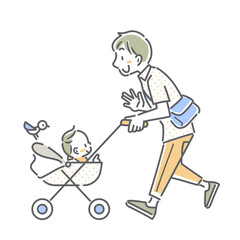赤ちゃんと一緒に楽しくお散歩する若いお父さん　シンプルでお洒落な線画イラスト