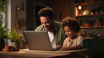 happiness cheerful home lifestyle Father helping high school students son kid with using laptop study online and finish schoolwork in dining room at home