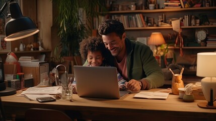 happiness cheerful home lifestyle Father helping high school students son kid with using laptop study online and finish schoolwork in dining room at home