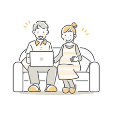 一緒にパソコンで調べものをする若い夫婦　妊娠　シンプルでお洒落な線画イラスト