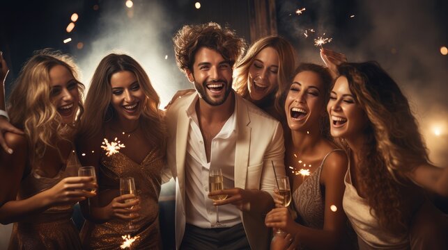 Group Of Friends Celebrating With Champagne And Sparklers At A Party