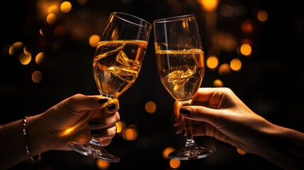 Glasses of champagne toasting in the night party. Celebration concept.
