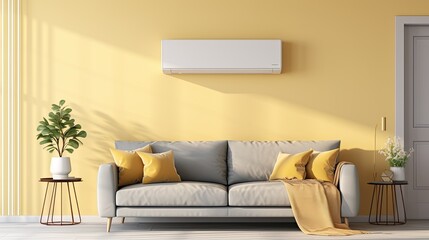 Air conditioner on yellow wall in living room with sofa