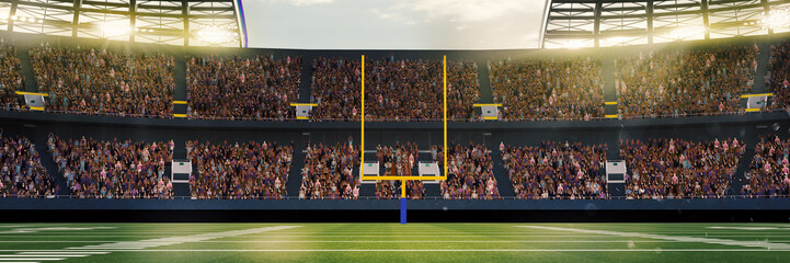 banner. Crowded gririon arena. American football stadium at evening with fans illuminated by spotlights waiting game. 3d rendering. © Lustre Art Group 