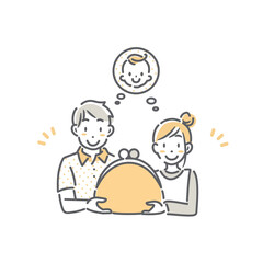 お金の悩みが解決して安心する若い夫婦　シンプルでお洒落な線画イラスト