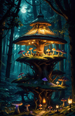 surreal mushroom landscape, fantasy wonderland landscape with mushrooms moon. Dreamy fantasy mushrooms in magical forest.