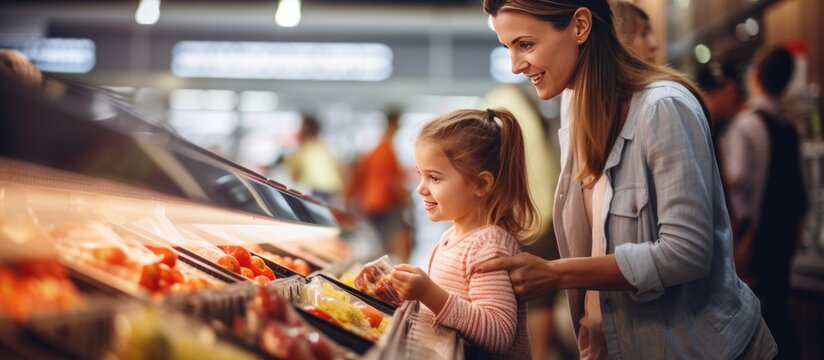 happiness family mother and kid children enjoy shopping in supermarket hypermarket healthy eating lifestyle family spend pleasure weekend time together at mall department store