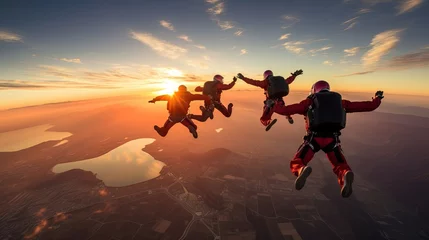 Keuken spatwand met foto Skydiving group at the sunset Skydivers make a formation above the clouds © VERTEX SPACE
