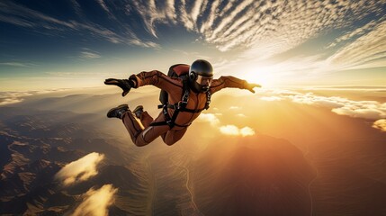 A Parachutist in free fall at the sunset extream sport lifestyle with beautiful sky cloud sunset background - obrazy, fototapety, plakaty