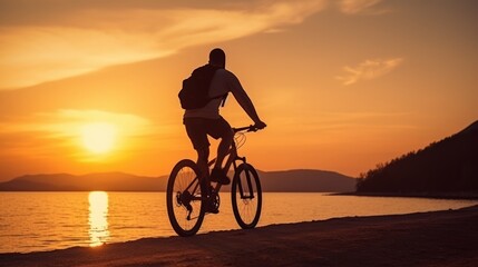 Fototapeta premium senior retired adult male enjoy exercise bike on nature beach recreation casual relax riding bicycle summertime vacation sunset sky background