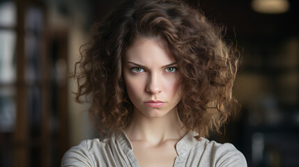 portrait of an angry frowning curly-haired woman looking at camera