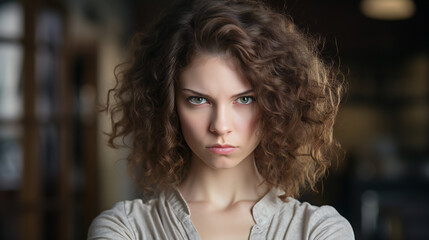 Obraz premium portrait of an angry frowning curly-haired woman looking at camera