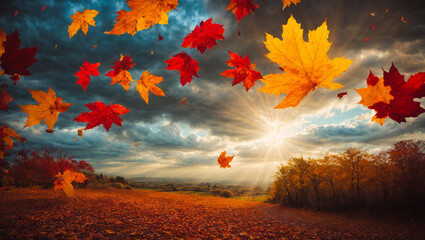 Naklejka na ściany i meble beautiful sky, clouds, autumn, sunlight, colored autumn leaves