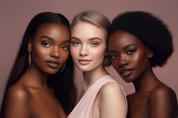 Portrait of three beautiful women with different skin tones on pink background