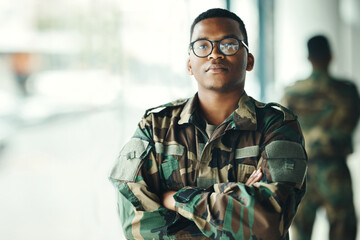 Confident soldier portrait, mockup and arms crossed in army building, pride and professional hero...
