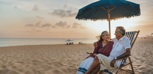 Elderly Indian Couple Enjoying a Romantic Sunset on a Sandy Beach. Retirement Goals for Seniors. - obrazy, fototapety, plakaty