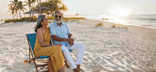 Elderly Indian Couple Enjoying a Romantic Sunset on a Sandy Beach. Retirement Goals for Seniors.