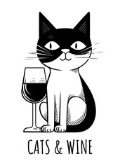 Cat drinking wine. Cats and wine concept. Black and white minimalist vector illustration for cat moms and wine lovers. Printable apparel design.