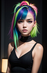 Fototapeta premium Fashionable brunette girl in cyber city. Girl wearing futuristic dress. Very Beautiful Female portraits.