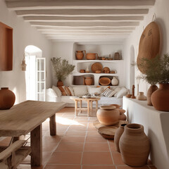 Mediterranean home interior, natural wood and terracotta rustic decor, boho chic style - 646836191
