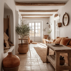Mediterranean home interior, natural wood and terracotta rustic decor, boho chic style - 646836197