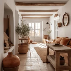 Mediterranean home interior, natural wood and terracotta rustic decor, boho chic style © luisapuccini