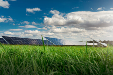 Large solar panels in an open field during sunny summer day