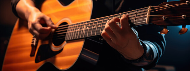 Male hands and guitar close-up. Musician playing acoustic guitar.