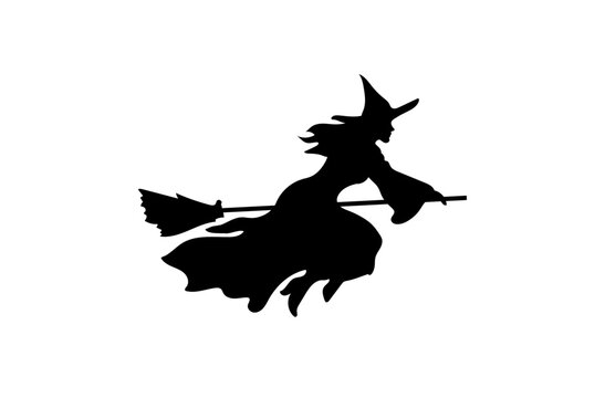 Enchanting Halloween Vector Illustration with Witch Silhouette Soaring on Broomstick isolated on white background.