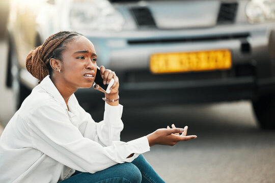 Car Insurance, Phone Call Or Black Woman On Road With Stress, Anxiety Or Bad Engine Crisis On Street. Listen, Fear Or Worried African Driver Talking By A Stuck Motor Vehicle In Emergency Or Accident