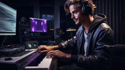 Fototapeta na wymiar Portrait of Audio Engineer Working in Music Recording Studio, Uses Mixing Board Create Modern Sound.