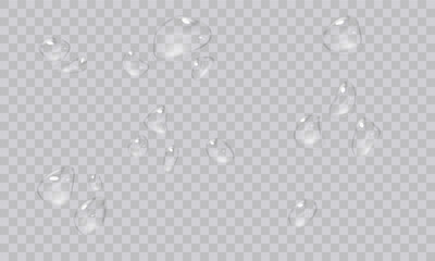 Vector water droplets. PNG droplets, condensation on glass, on various surfaces. Realistic droplets on a transparent isolated background. PNG.