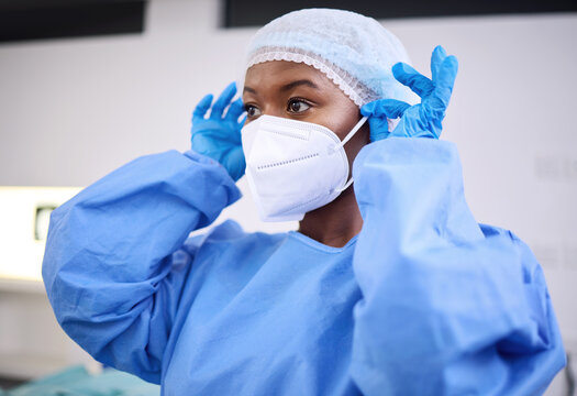 Scrubs, Face Mask And Black Woman, Hospital Surgeon Or Healthcare Expert Ready For Surgery, Clinic Service Or Help. Nurse, Scrubs And Doctor Commitment, Job Experience Or Prepare In Operating Theatre