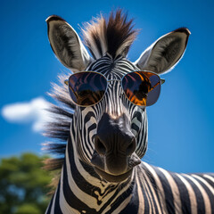 Naklejka premium Zebra in sunglasses on blue sky background. Creative marketing campaign concept