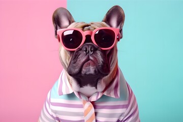 Cute dog wear sunglasses and shirt in summer background.