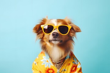 Cute dog wear sunglasses and shirt in summer background.