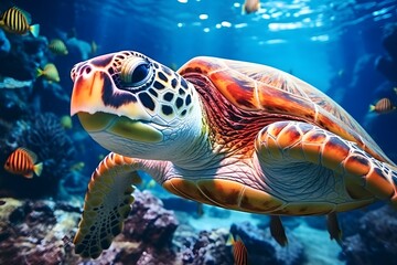 Fototapeta premium Sea turtle in blue water. Marine life underwater.