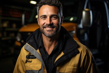 Obraz premium Caucasian Man Industrial Truck Operator Backdrop Scene Hard Working Generative AI