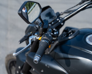 Dashboard of a parked electric motorcycle. 