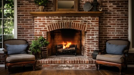 A high-res photo of a cozy, rustic brick fireplace. The uneven texture and warm natural light from a nearby window create a welcoming atmosphere. Perfect for interior design inspiration and adding vi