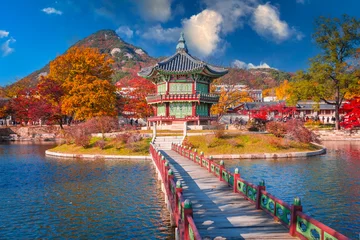 Poster Couleur saumon gyeongbokgung palace in autumn, lake with blue sky, Seoul, South Korea.